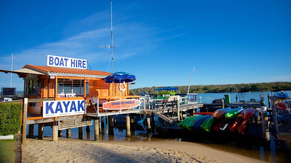 Un point de location de bateaux avec une enseigne indiquant la location de kayaks, une planche de paddle et un quai où sont amarrés des kayaks de couleurs vives.