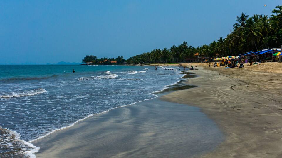 A sandy beach with gentle waves, palm trees, and beach umbrellas.