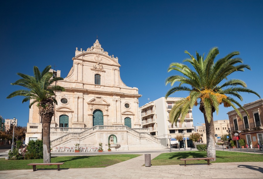 The facade of the Saint Bartholomew mother church of the baroque town of Ispica in southern Sicily, Italy