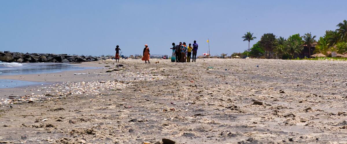 A beach with people standing in the distance, palm trees, and a clear blue sky.