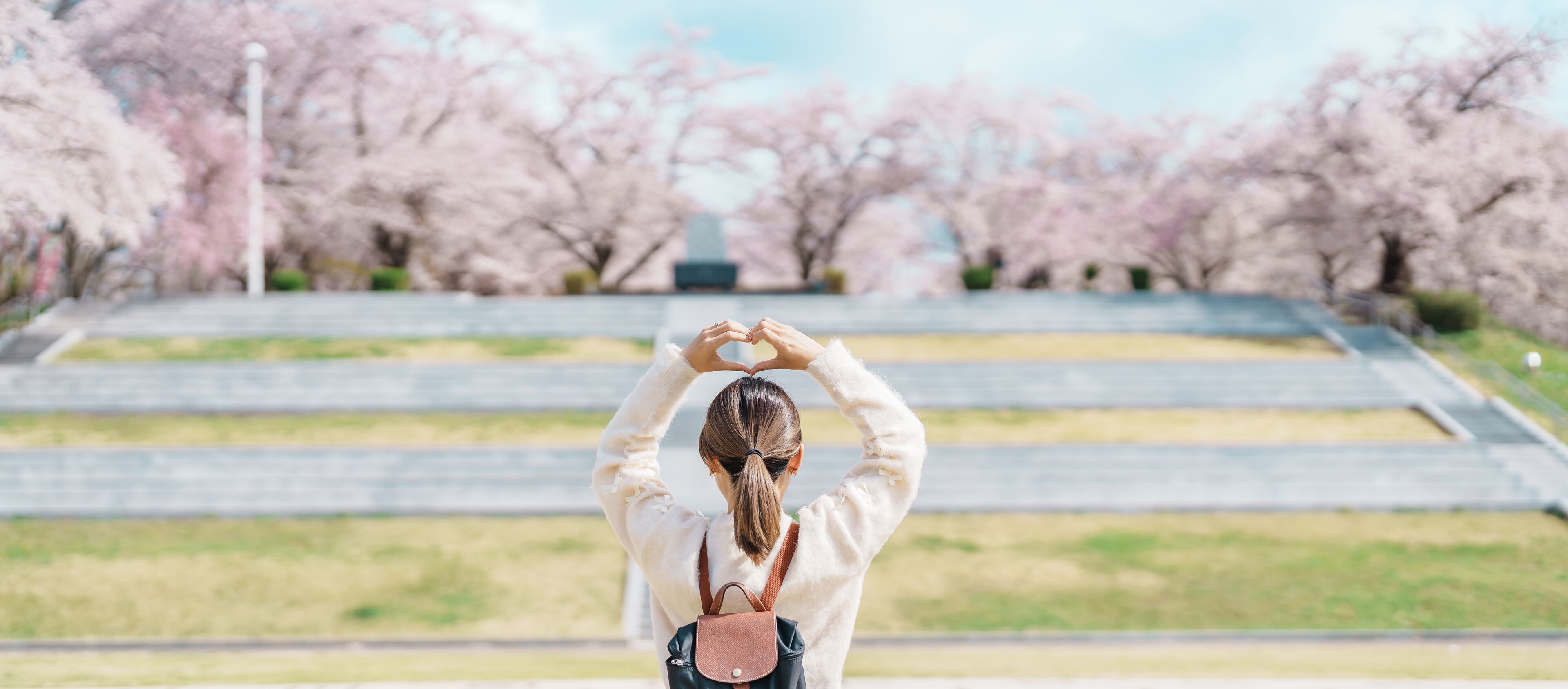 Woman tourist sightseeing Tendo Park or Maizuru Park with Sakura Cherry Blossom in Spring, happy traveler travel in Yamagata prefecture, Tohoku, Japan. famous Landmark for Travel and Vacation