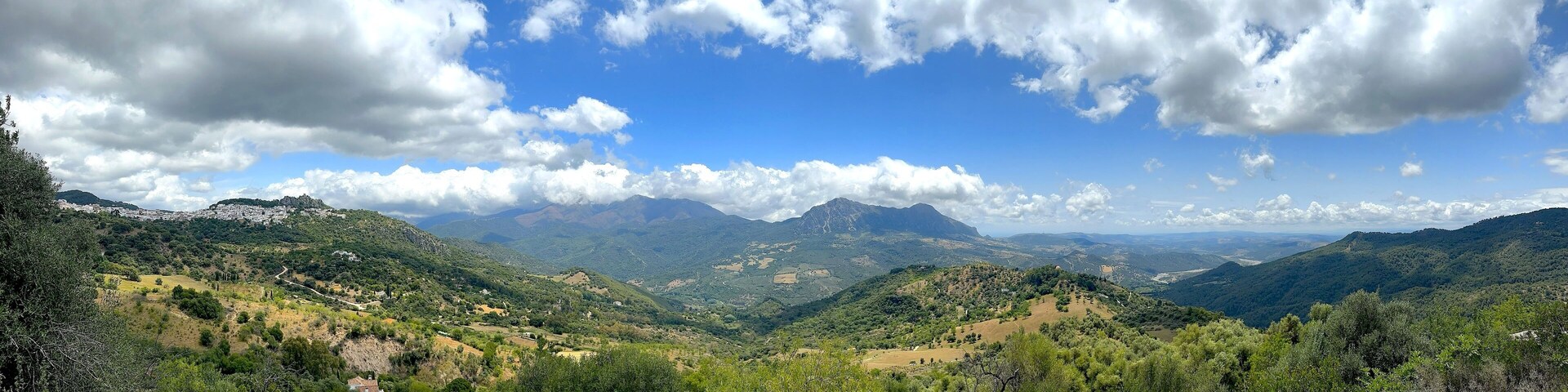 A mountainous landscape with scattered trees and a clear blue sky.