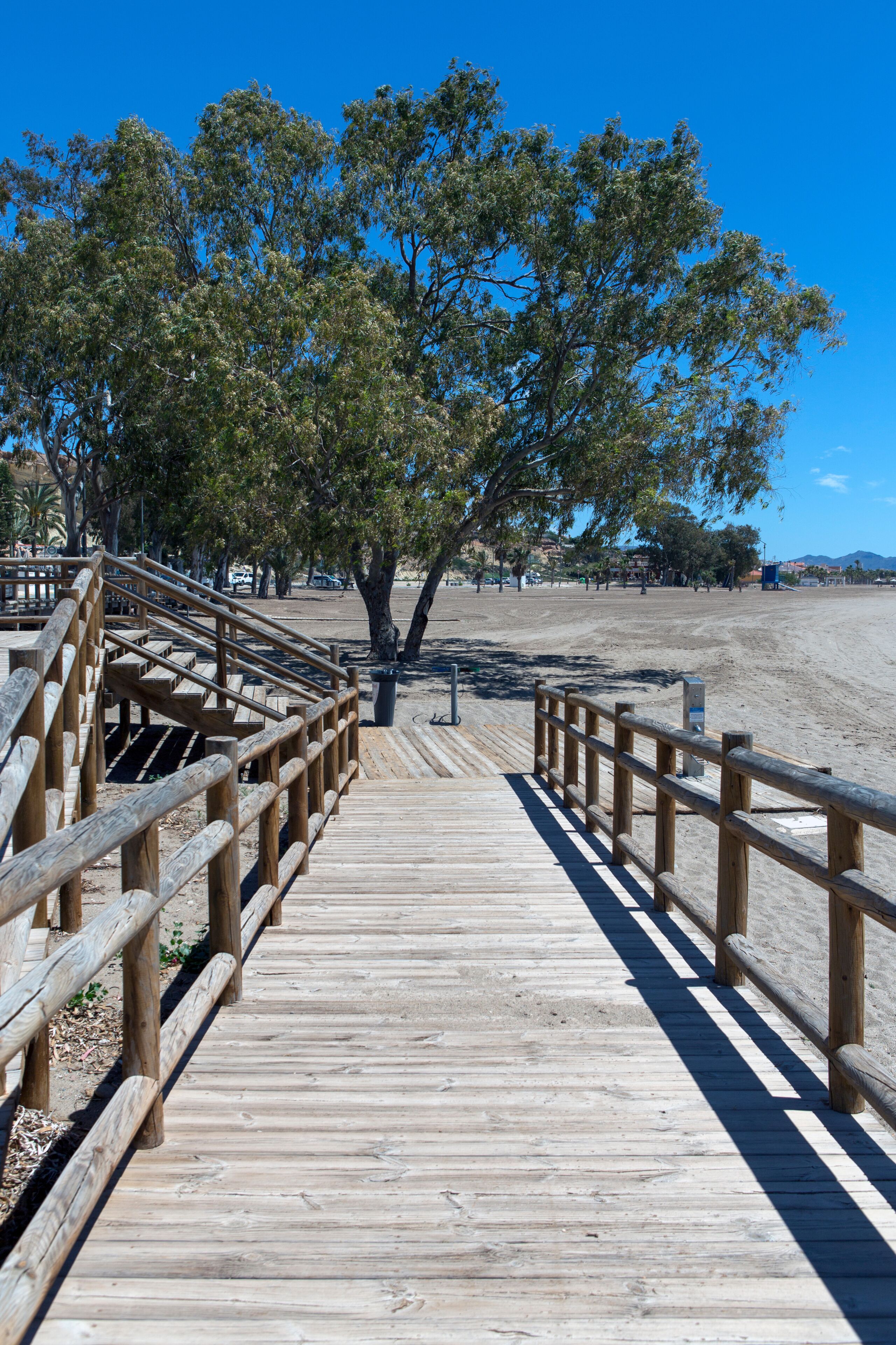 Un muelle de madera que conduce a una zona de playa arenosa, con árboles y cielos despejados.