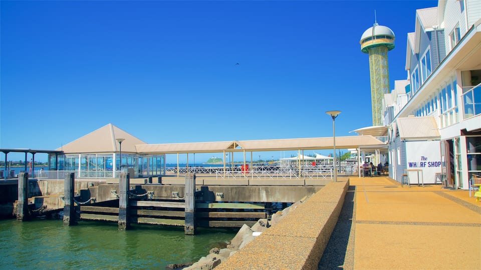A pier with a covered walkway, a water tower, and a shop named "The Wharf Shop".