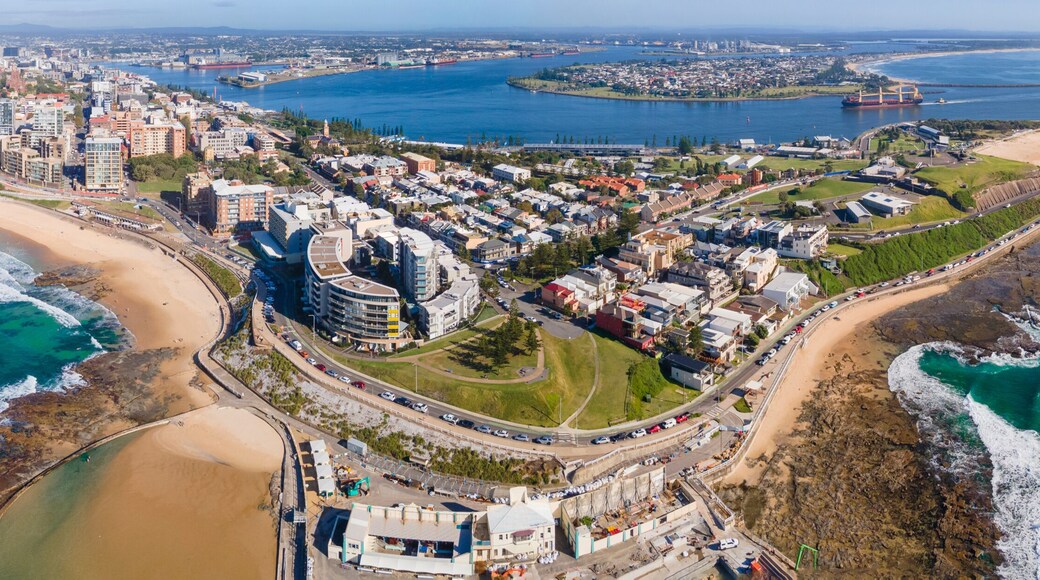 An aerial view of a coastal city with a beach, residential buildings, and a harbor.