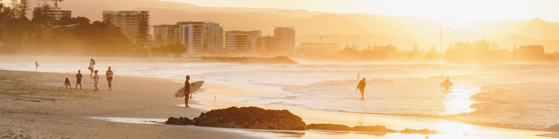 Wide shot of the beach at Snapper rocks and rainbow bay, Queensland