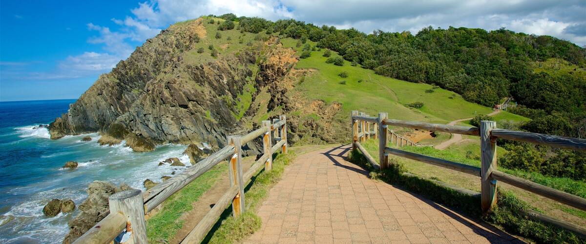 Byron Bay which includes mountains, rugged coastline and general coastal views