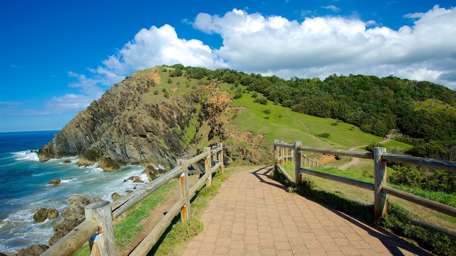 Byron Bay which includes mountains, rugged coastline and general coastal views
