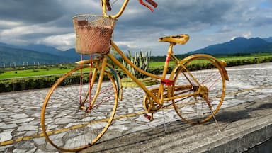 A yellow bicycle with a basket on a cobblestone path, set against a backdrop of green fields and mountains under a cloudy sky.