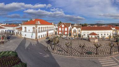Alter do Chao, Portugal. Largo Barreto Caldeira Square with Alamo Palace in the left, bandstand and typical Portuguese cobblestone pavement