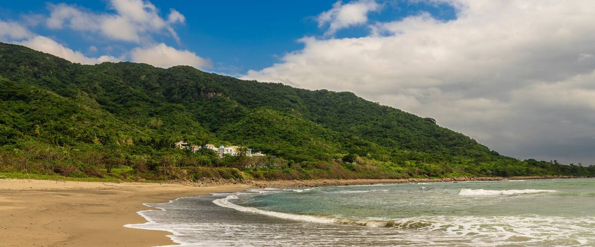 A beach with waves, a sandy shore, and a forested hill in the background.