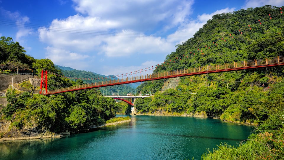 Winter view of lake and mountains in Wulai District, Taipei City, Taiwan.