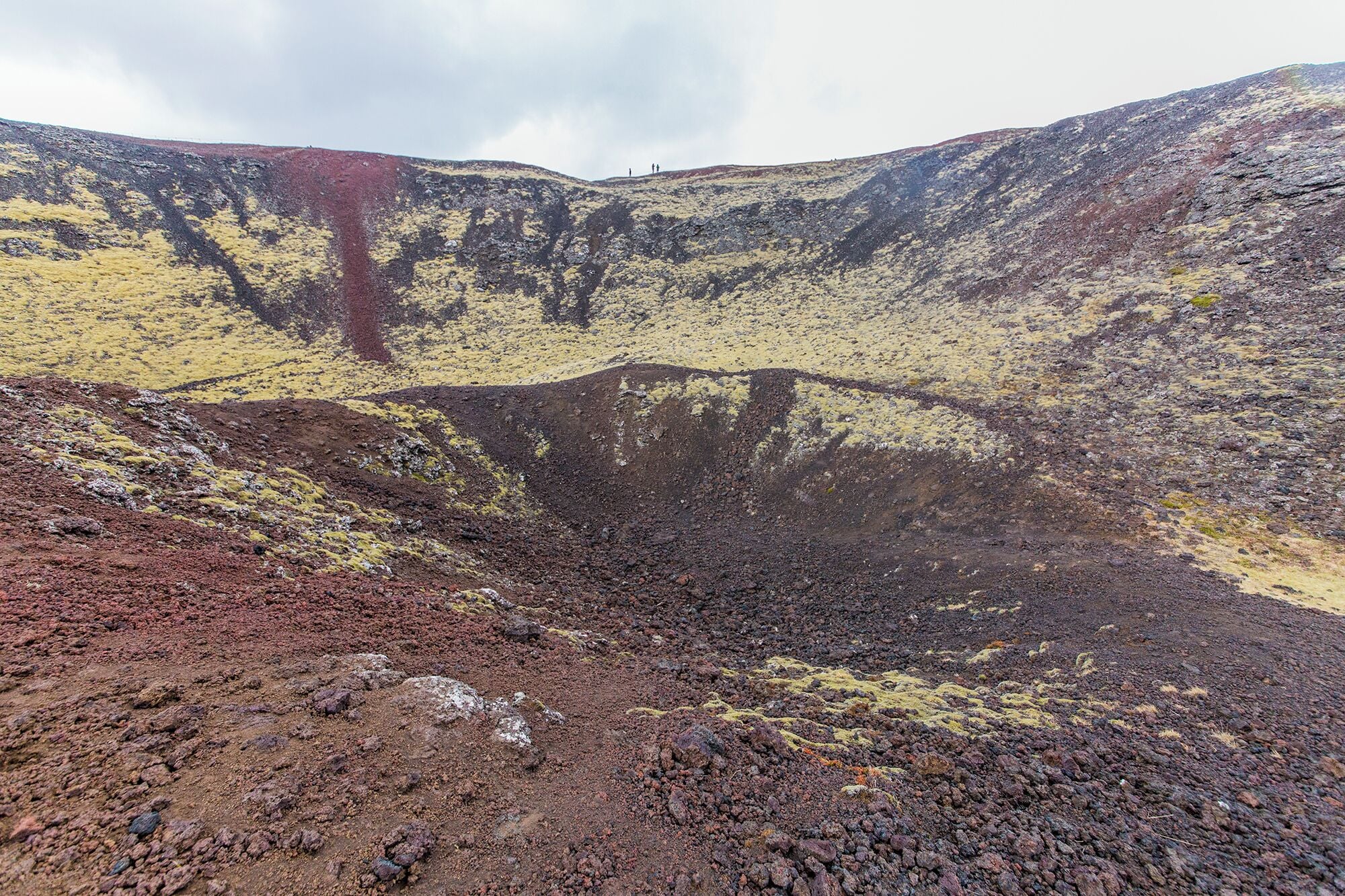 This is the crater of Grábrók volcano. After a steep hike up you can walk into the crater. It is still active, but hasn't blown in hundreds of years. 