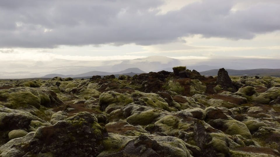 A rocky landscape with moss-covered stones and distant mountains under a cloudy sky.