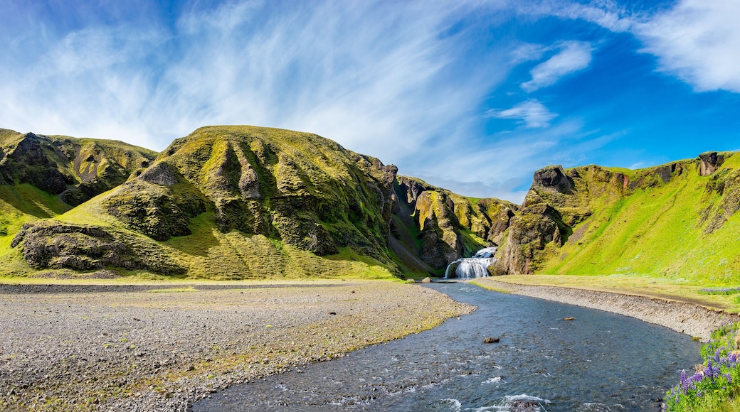 Magical big waterfall called Stjornarfoss near Kirkjubaejarklaustur at Iceland South coast