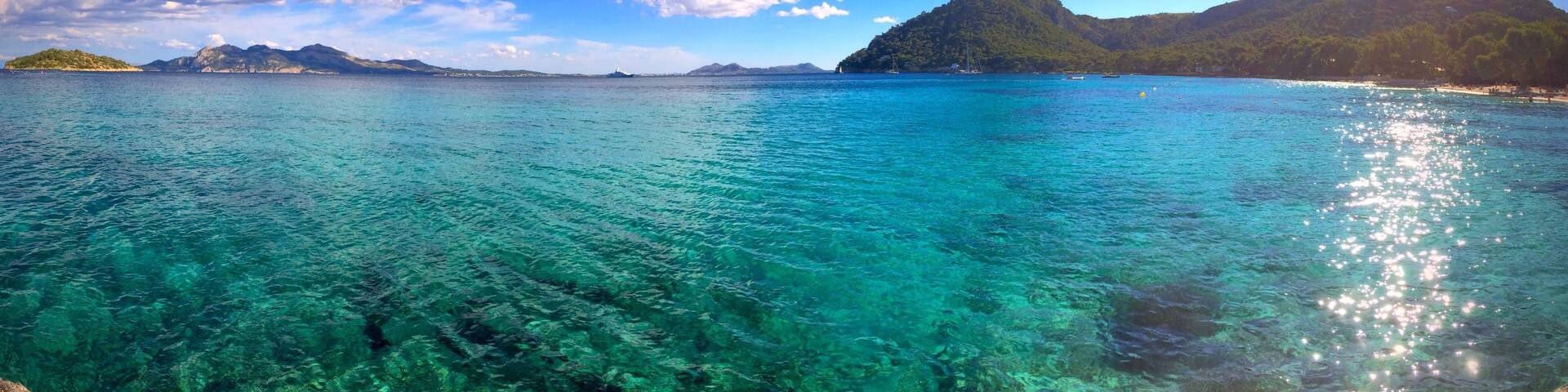 Panorama of a crystal clear blue ocean at Playa de Formentor, Mallorca, Spain
