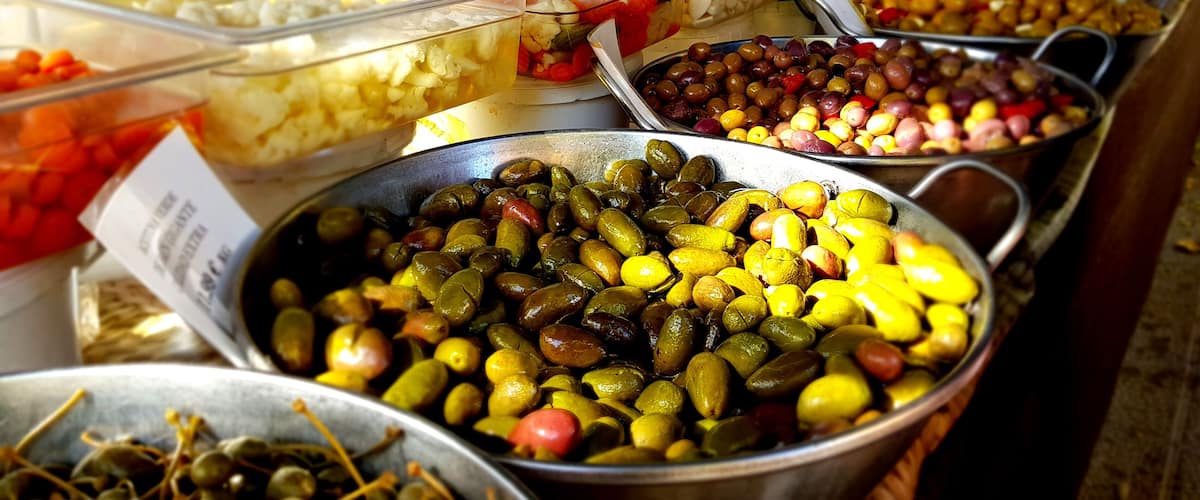 Different varieties and flavors of Olives.