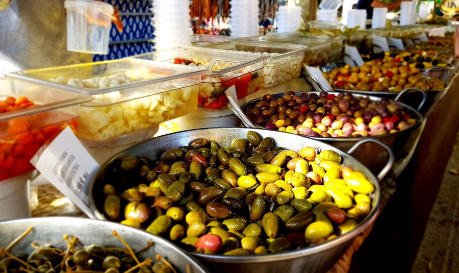 Different varieties and flavors of Olives.