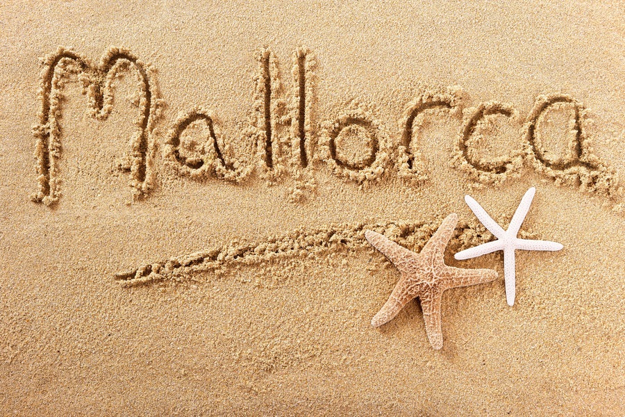 The word "Mallorca" written in sand with a starfish and a seashell nearby.