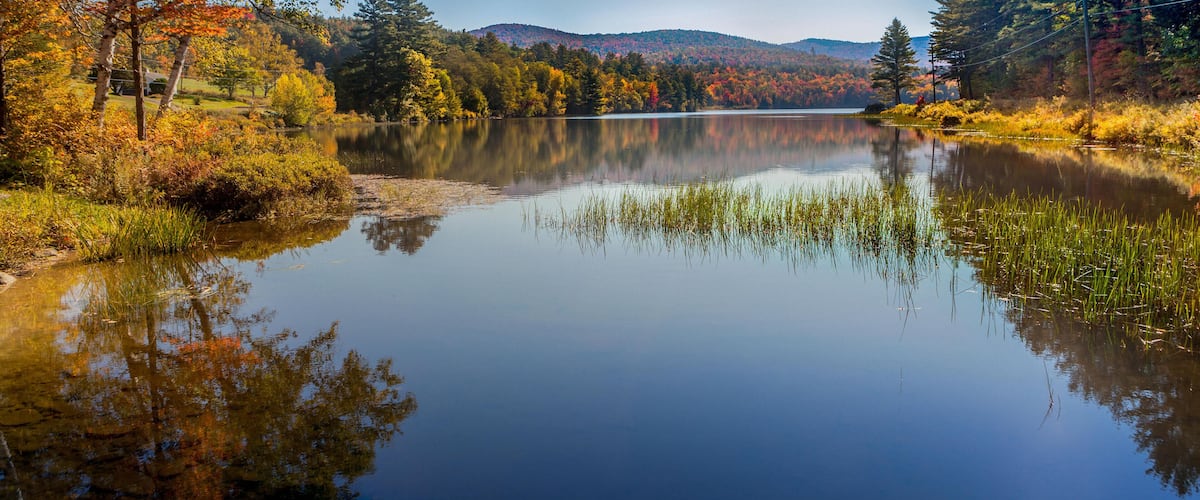 A calm lake surrounded by autumn-colored trees and a clear blue sky.