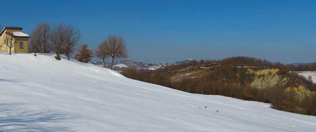 A snow-covered hillside with a small building and trees.