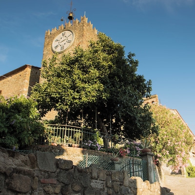 A historic tower with a clock, surrounded by lush greenery and a stone wall.