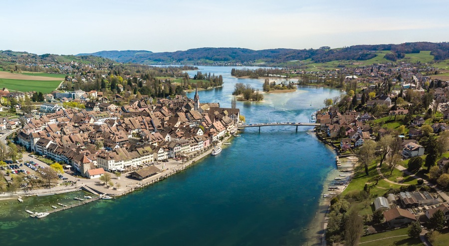 Aerial view of Stein Am Rhine, Schaffhausen, with the cross over bridge to the old town in Switzerland, Shutterstock ID 1085749454, Purchase Order: -