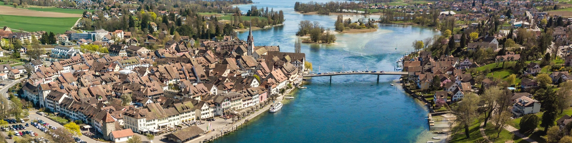 Aerial view of Stein Am Rhine, Schaffhausen, with the cross over bridge to the old town in Switzerland, Shutterstock ID 1085749454, Purchase Order: -
