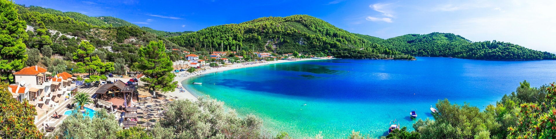 Best beaches of Skopelos - beautiful Panormos bay. Sporades islands of Greece