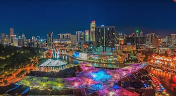 Bird's eye panoramic view of Singapore skyline and Clarke Quay entertainment district