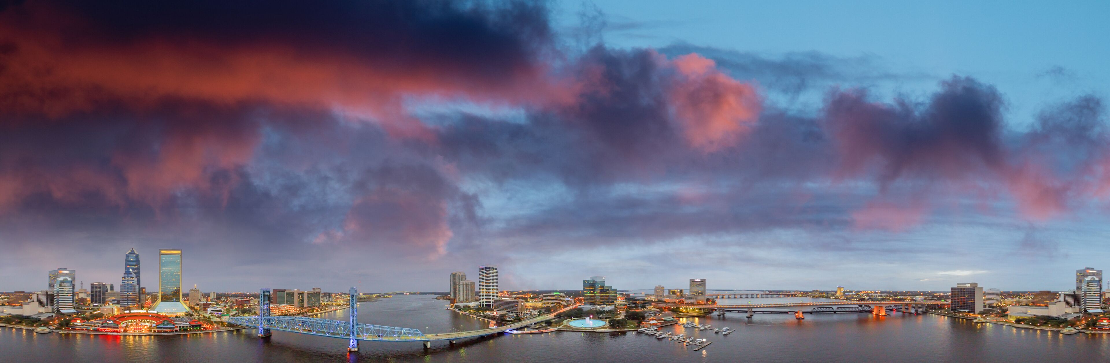 Beautiful sunset aerial view of Jacksonville skyline, FL