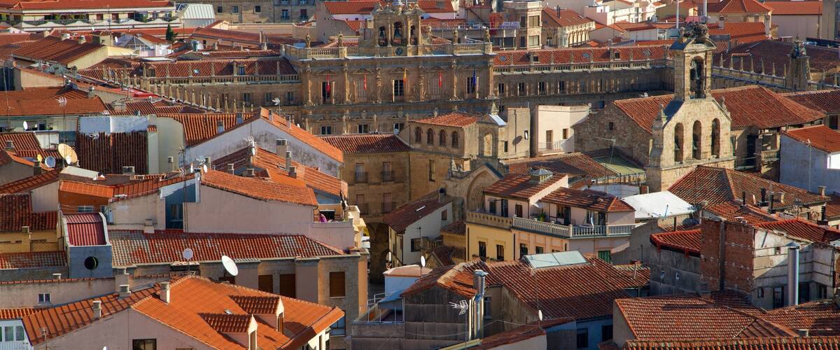 A densely packed urban area with red-tiled rooftops, historic buildings, and a prominent church tower.