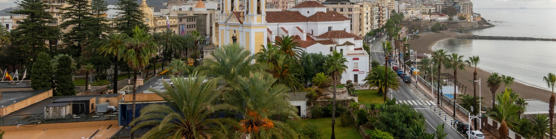 Panoramic view of the city of Ceuta (Spain), with its cathedral in the foreground