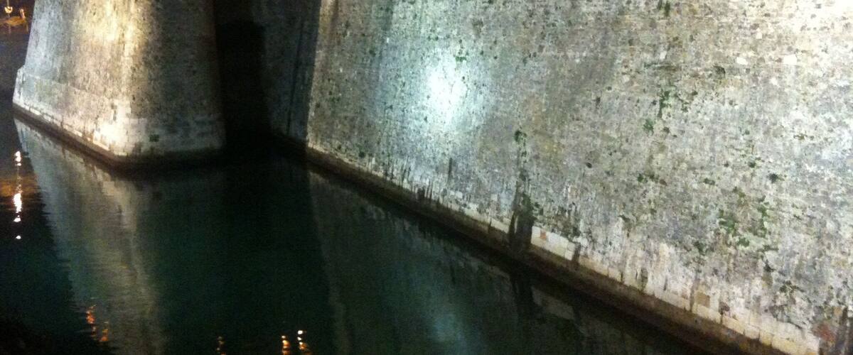 A fortified wall with a moat at night.