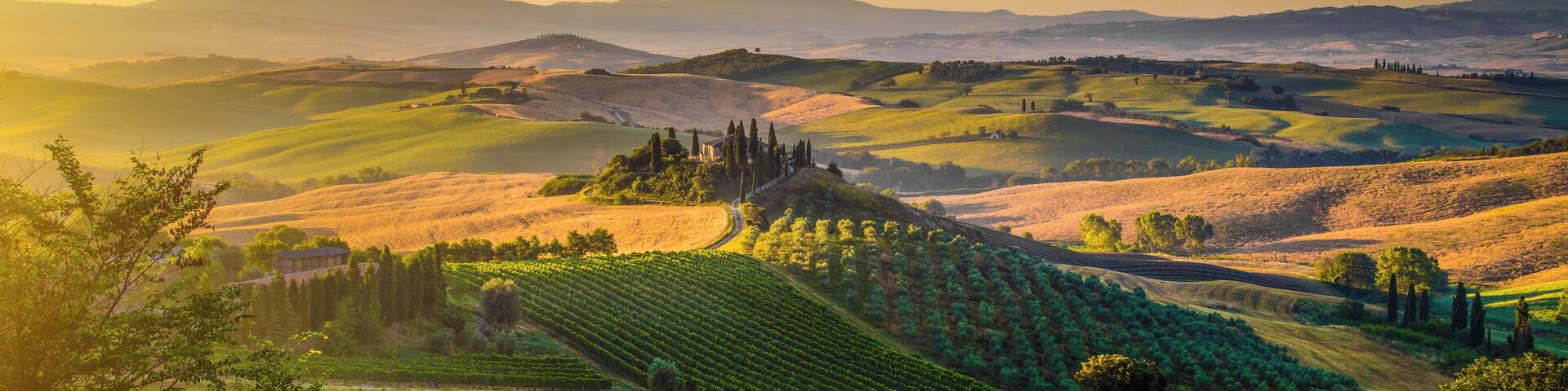 Scenic Tuscany landscape panorama with rolling hills and harvest fields in golden morning light, Val d'Orcia, Italy.