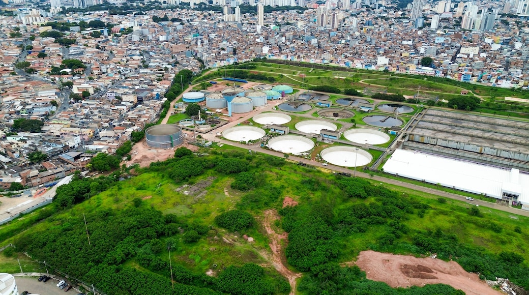 Aerial View of the São Bernardo do Campo Sewage Treatment Plant - Essential Urban Infrastructure in Brazil.