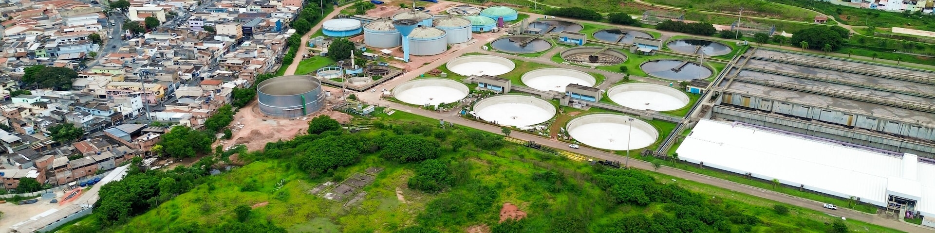 Aerial View of the São Bernardo do Campo Sewage Treatment Plant - Essential Urban Infrastructure in Brazil.