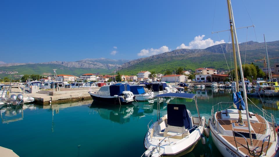 A marina with boats docked, surrounded by buildings and mountains in the background.