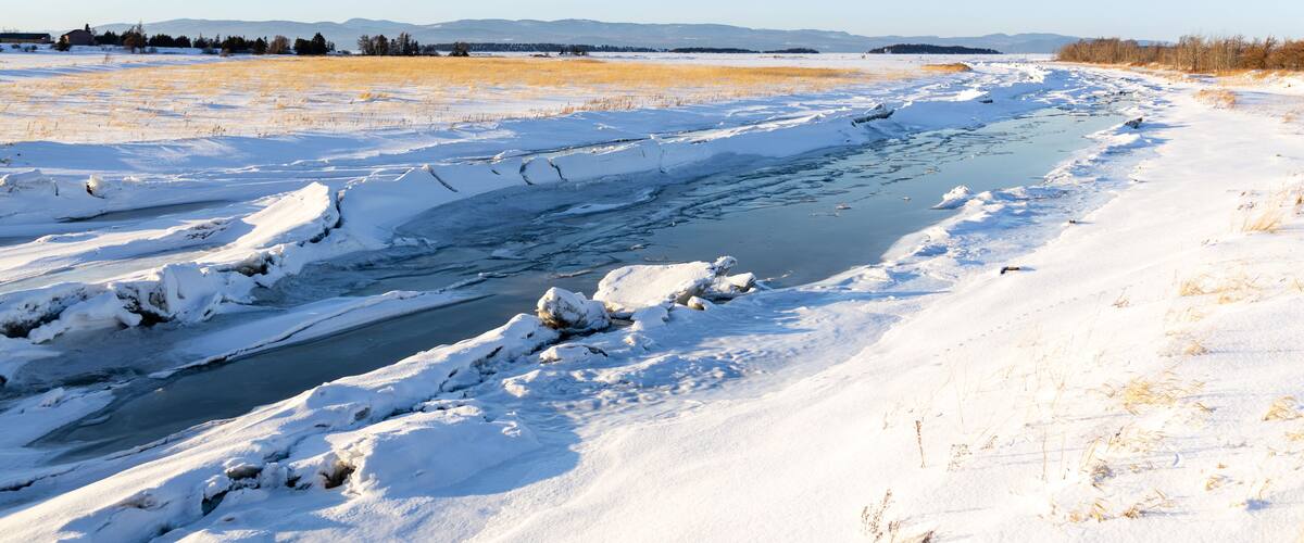 The partly frozen Kamouraska river flowing through snowy fields into the St. Lawrence River seen during a golden hour winter afternoon, Kamouraska, Quebec, Canada