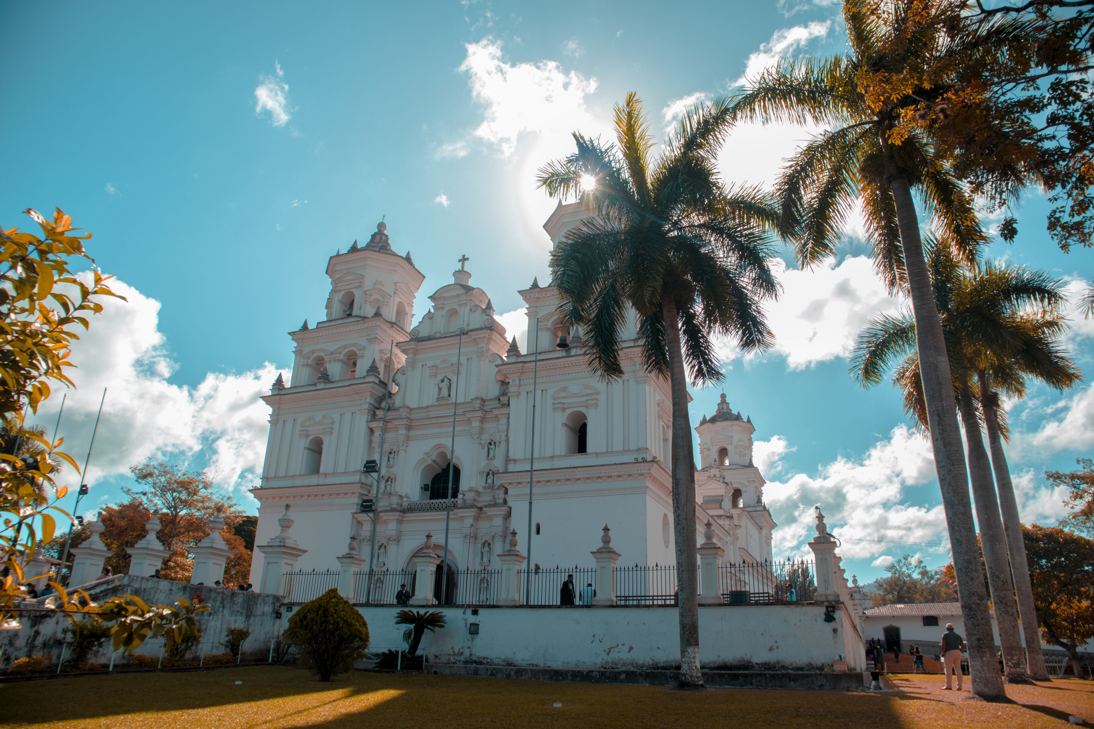 A large white church with multiple domes and a tall palm tree in the foreground.