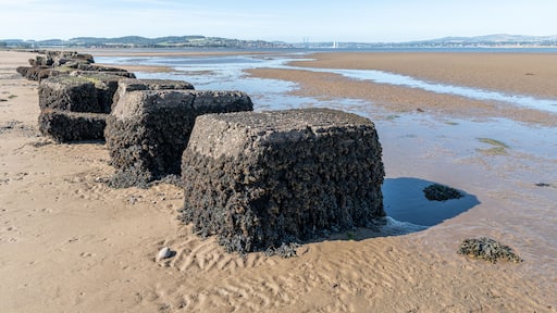 Ein sandiger Strand mit groĂen, zylindrischen Felsen und einem Blick auf eine BrĂŒcke und HĂŒgel in der Ferne.