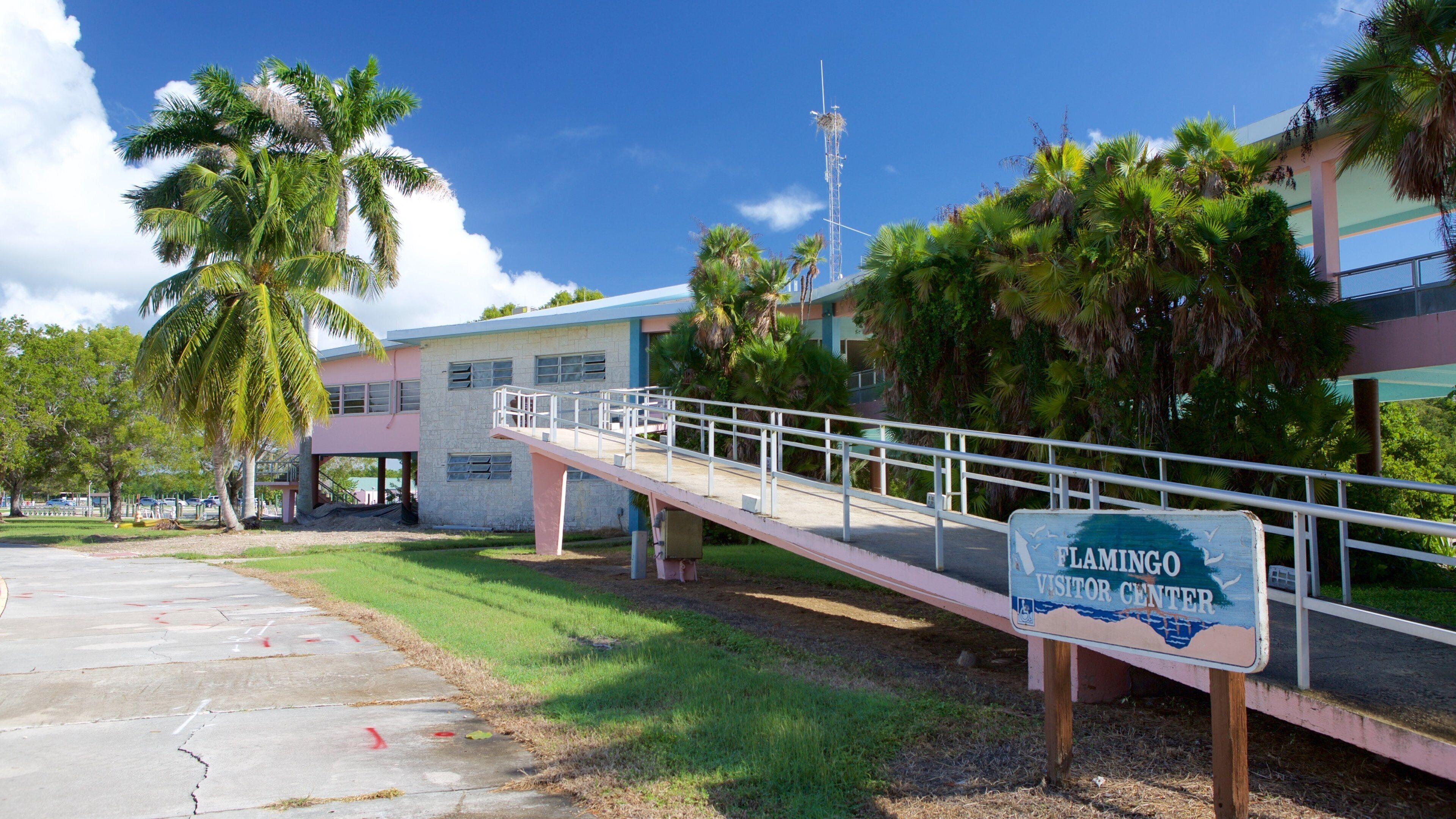 A visitor center with a sign, palm trees, and a building with a pink and blue facade.