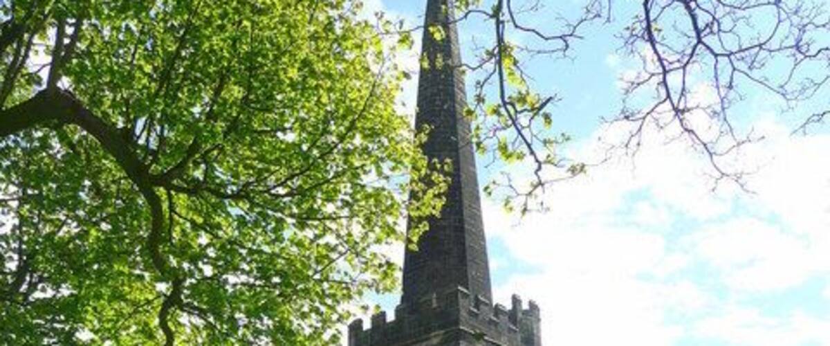 St. Matthew's church, Morley. A fine spired churchtower at the height of spring.