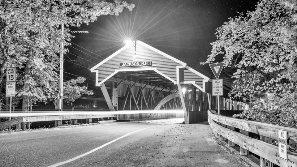 Wooden Bridge in Jackson, New Hampshire. Long exposure night view