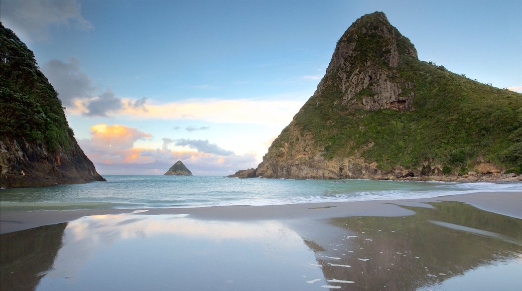 Taranaki showing a sunset, island views and a beach