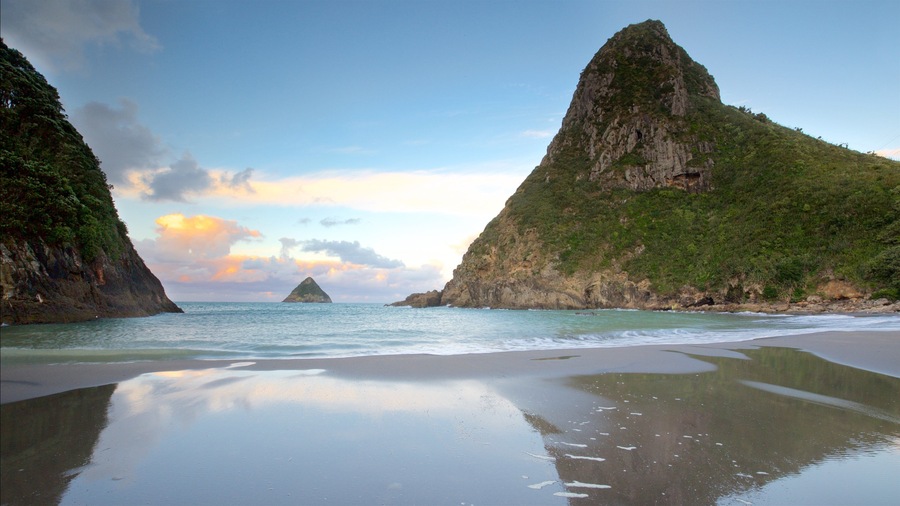 Taranaki which includes a sandy beach, a sunset and a bay or harbour