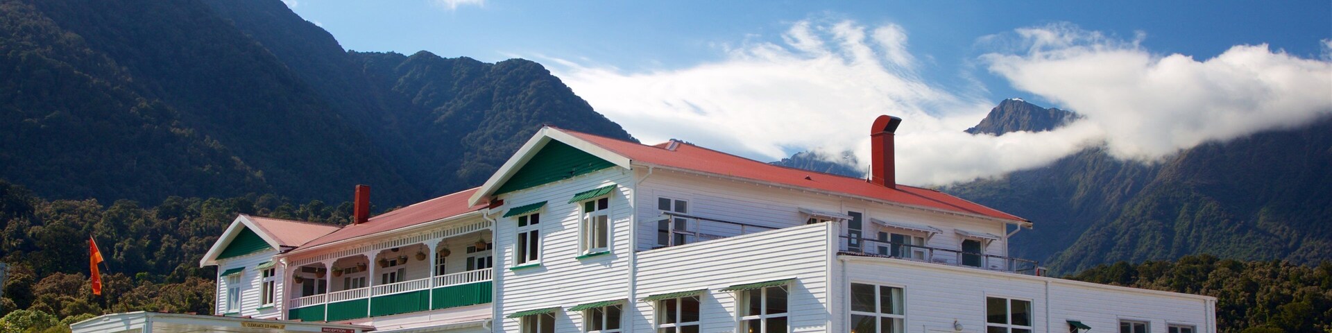 West Coast New Zealand which includes an administrative buidling and mountains