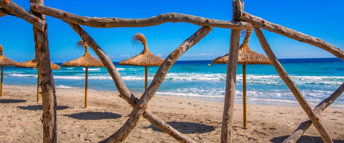 A beach with wooden fences and thatched umbrellas.