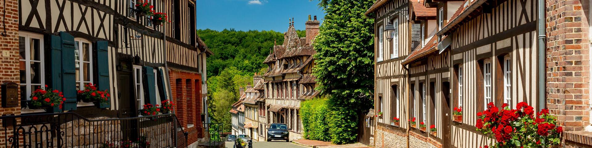 A narrow street lined with half-timbered houses, red flowers, and a car parked in the distance.