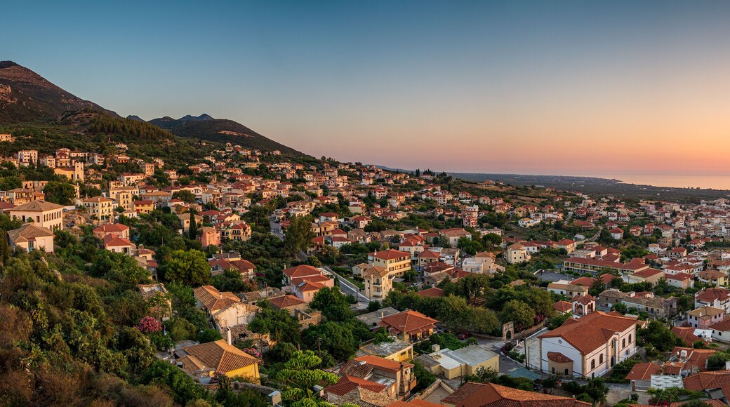 Beautiful sunset view by the historical castle of Kyparissia coastal town at sunset. Located in northwestern Messenia, Peloponnese, Greece, Europe.